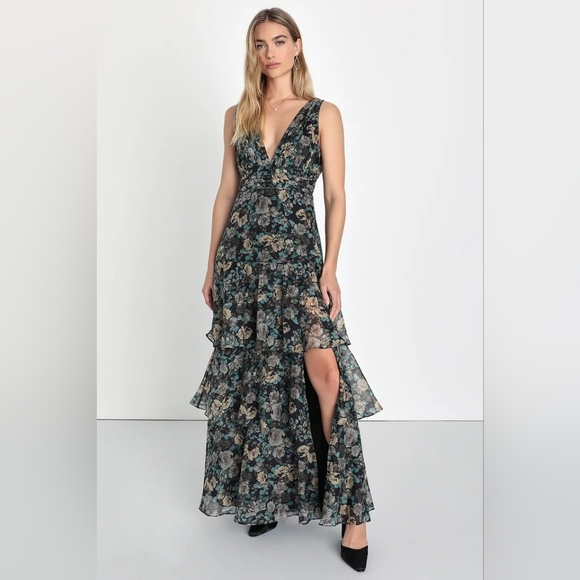 Lulus Sweeping Sensation Black Floral Print Organza Pleated Maxi Dress S Wedding - Picture 2 of 10